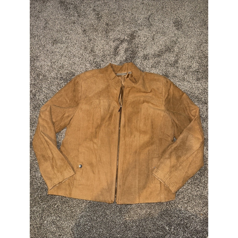 Studio Works Camel Suede Look Zip Front Pockets Long Sleeve Jacket Womans Sz 18